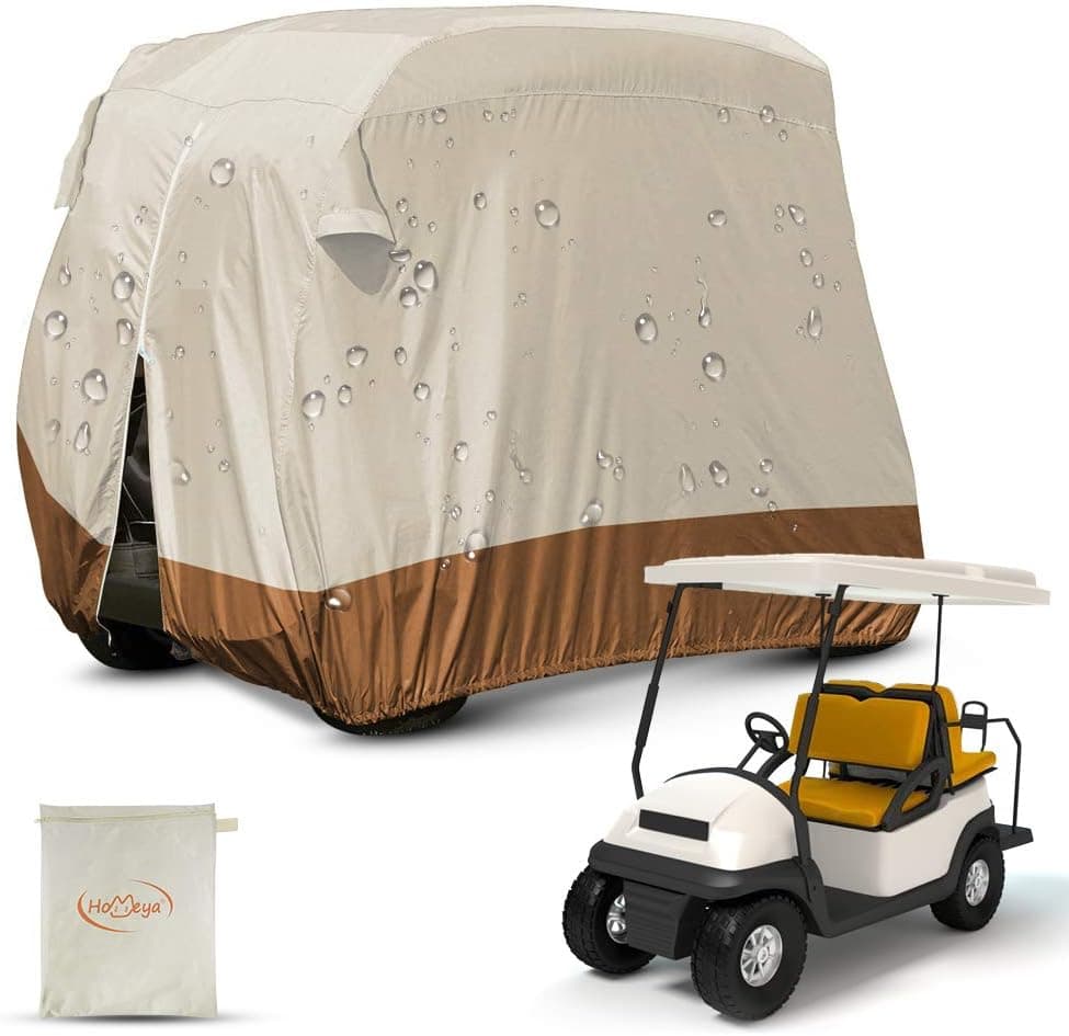 HOMEYA Golf Cart Cover,Waterproof Snowproof Golf Club Cover for 4 Passenger Seat Fit EZ GO,Club Car Precedent,Yamaha Drive Easy-On Golf Carts Cover with Rear Zipper Up to 112 Inch (420D-Beige)