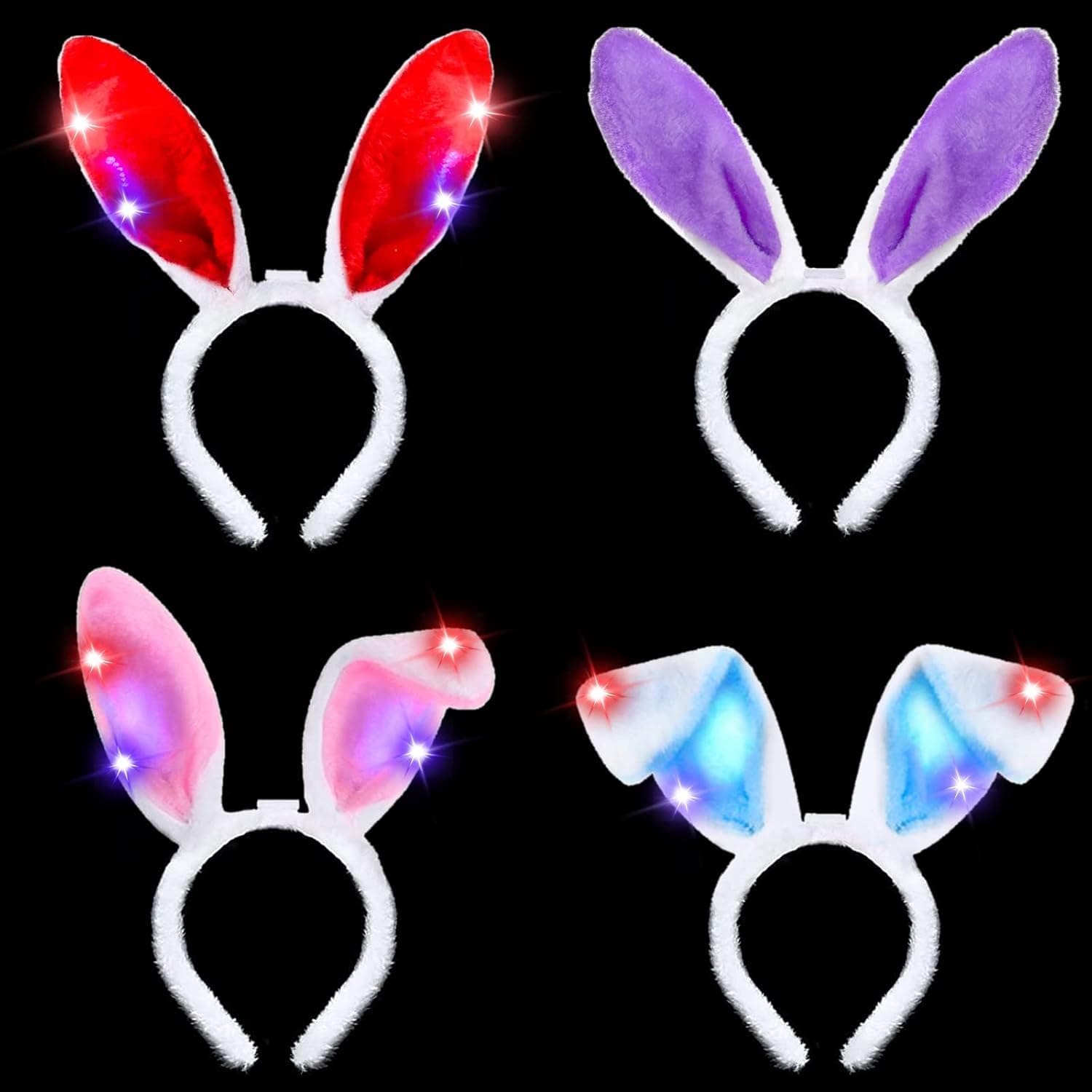 Easter Decorations Favors - 4PCS Easter Bunny Ears Headband, Plush LED Light Up Headband Rabbit Hairband for Girls Children Kids Women, Cosplay Christmas Birthday Halloween Party Accessories