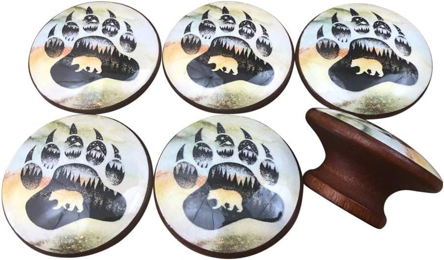 Twisted R Design Cabinet Knobs, Knobs for Kitchen Cabinets and Drawers, Matching Cabinet Knobs and Pulls with Brass Inserts, 1.5" Round Dresser Knobs (Set of 6 Bear Paw Silhouette Wood Cabinet Knobs)
