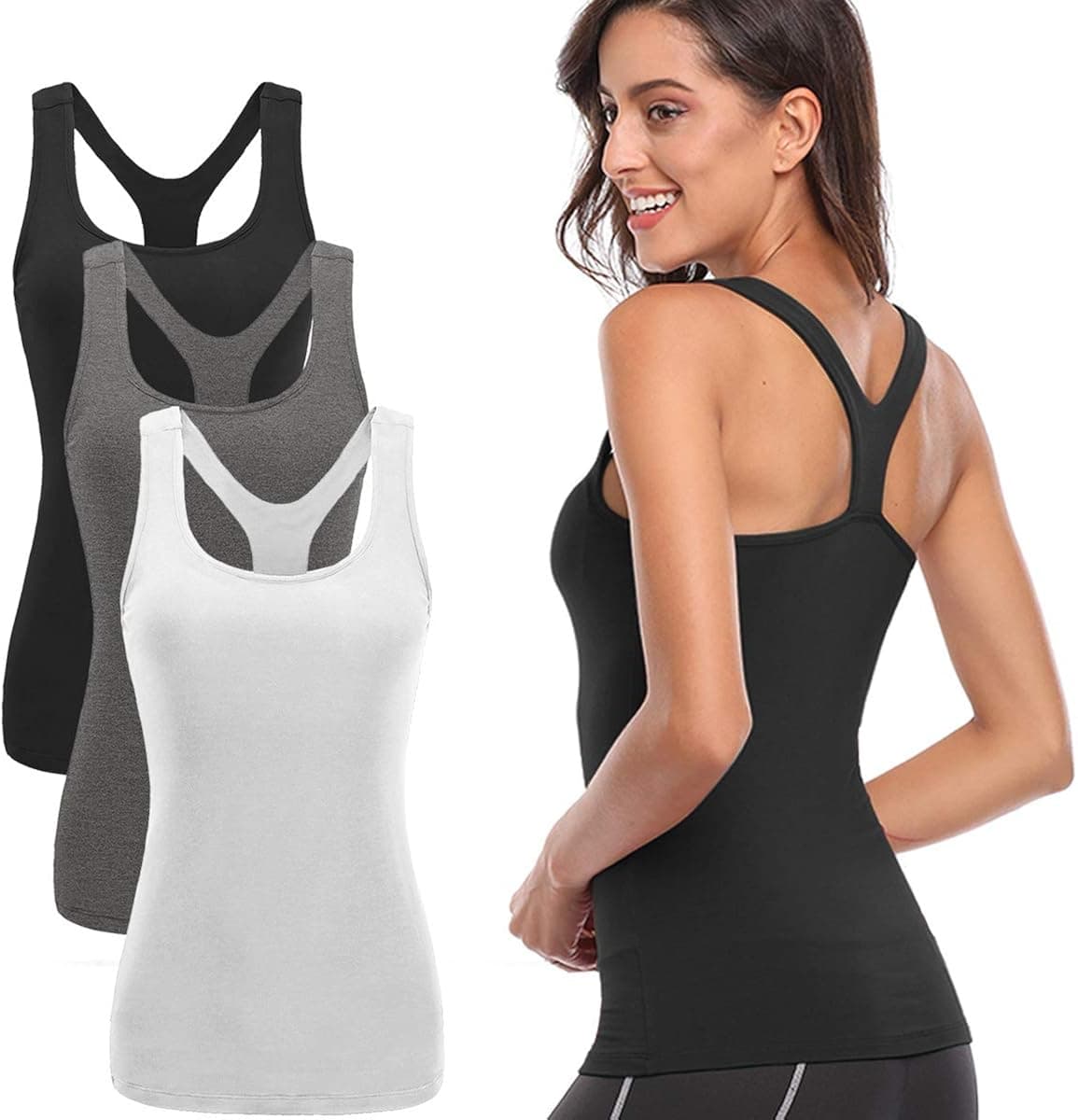 TELALEO 3 Pack Workout Tank Tops for Women, Athletic Racerback Sports Tank Tops, Compression Sleeveless Dry Fit Shirts Black Gray White S