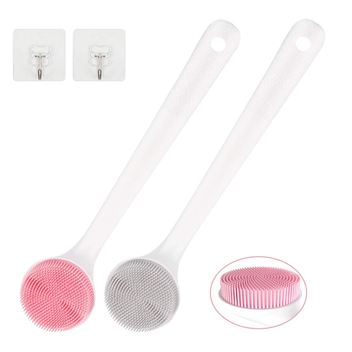 【2PCS/Pack】Silicone Bath Body Brush with Long Handle | Silicon Body Scrubber for Bath or Shower | Soft Silicone Scrubber Head + Non-Slip Plastic Handle | Clean, Massage & Easy Dry (PINK + GREY)