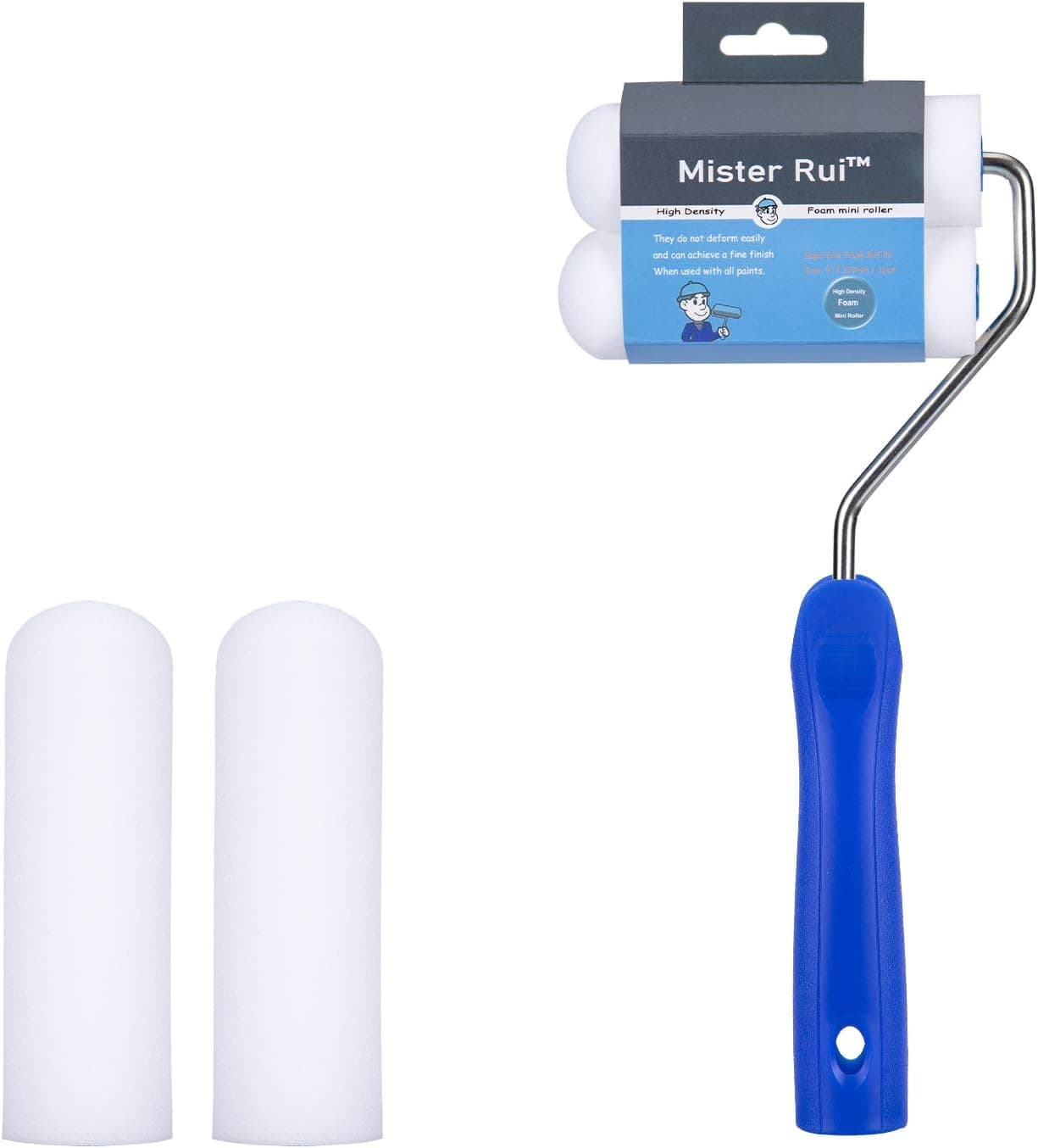 Mister Rui Paint Roller, Foam Paint Roller 4 Inch High-Density, Sponge Refills with Roller Frame (Pack of 3), Small Paint Roller Set for Home Painting & DIY Projects