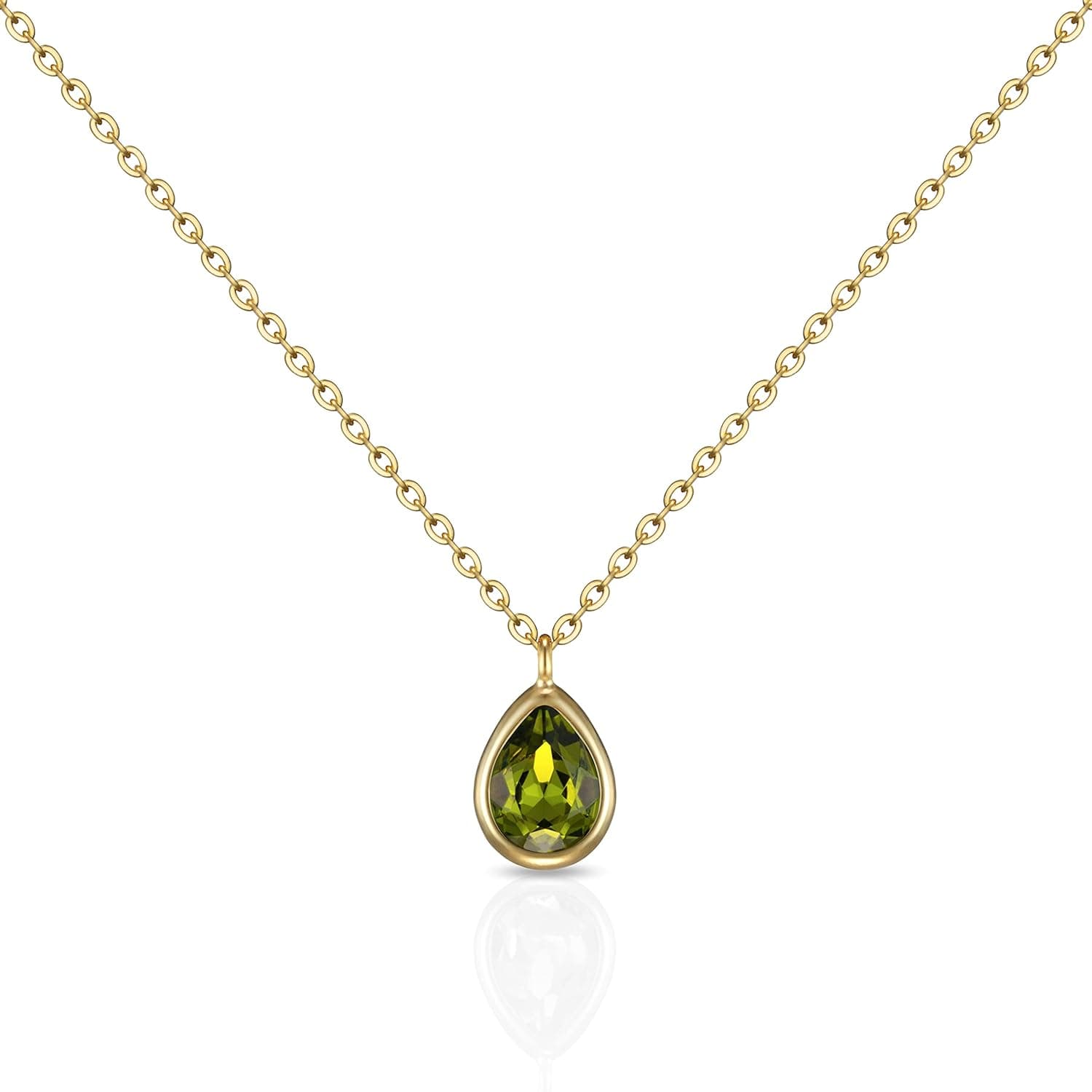 Hiima Seoul 18k Gold Plated August Birthstone Necklaces for Girls / Cubic Zirconia Gemstone Crystal from SWAROVSKI / Waterdrop Tear Pear Shape Pendant Necklace / Peridot Green Pendant Gold Necklace for Women/ Giftbox / Holiday Birthday Gift