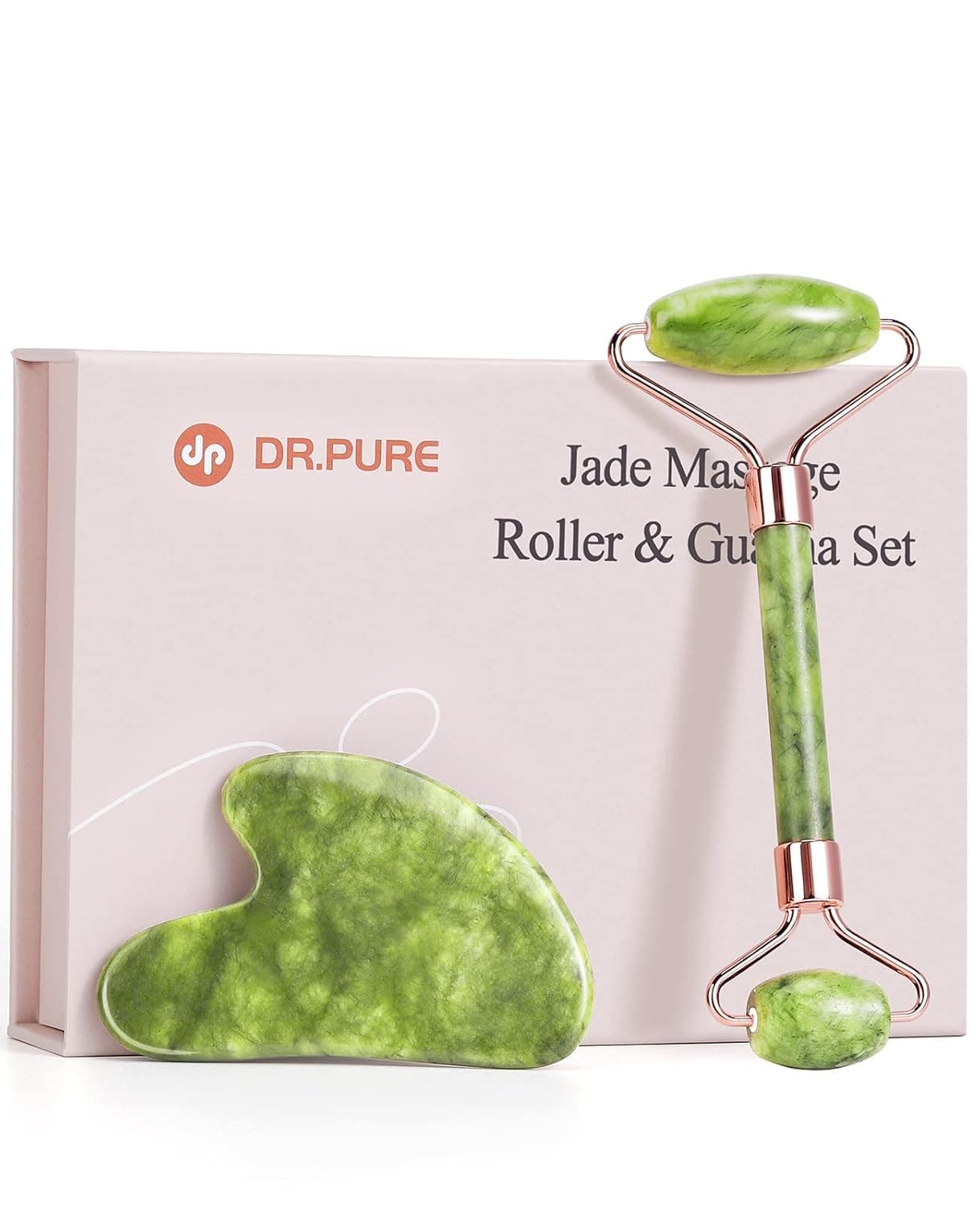 Dr. Pure Jade Roller and Gua Sha, Face Massage Facial Tools for Reduce Puffiness Anti Wrinkle Tighten Skin Body Relieve, Southern Jade Face Roller Sculpting Tool, Women Gifts Skin Care Set