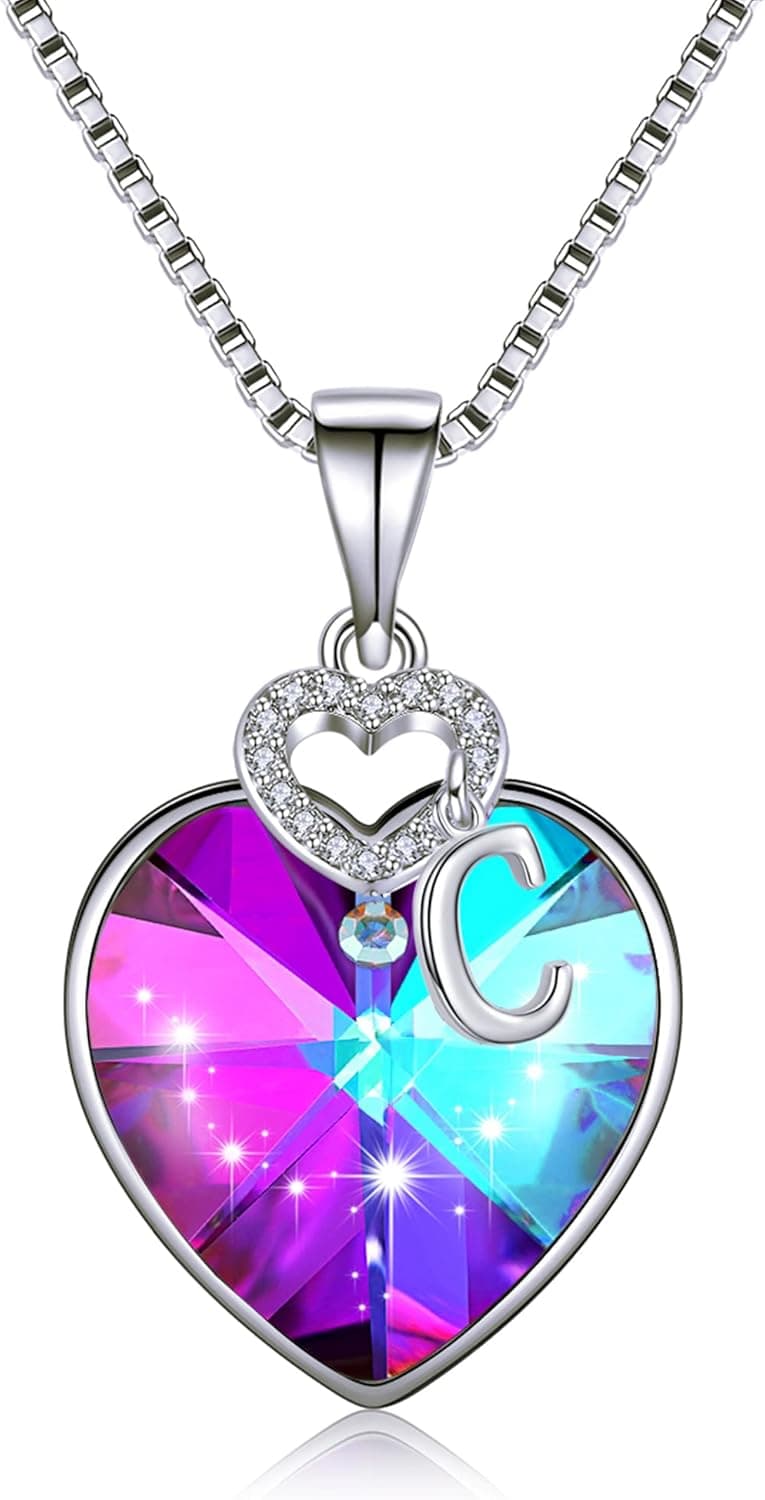 Vjoyjew Crystal Necklaces for Women Girls Jewelry, Cubic Zirconia Crystal Love Heart Pendant Initial Necklace Gifts for Women Girls Mom Birthday Christmas Mothers Day Valentines Present