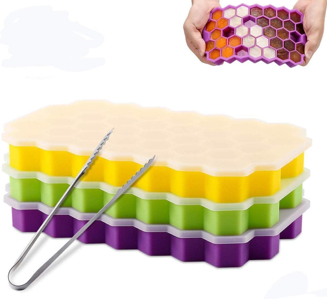 3 Pack Ice Cube Trays, Silicone Honeycomb Shape Ice Cube Molds wih Lids Make 111 Ice Cube for Whiskey, Cocktail, Stackable Flexible, BPA Free (Purple+Yellow+Green)