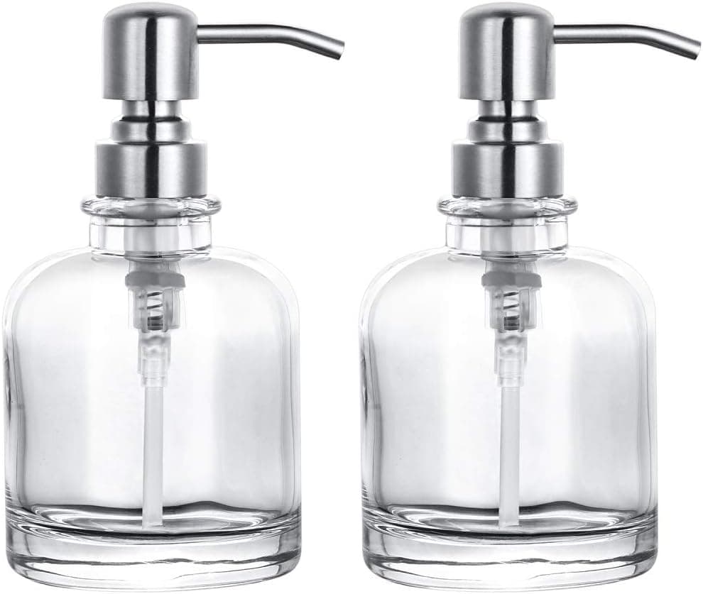 2 Pcs Thick Clear Glass Hand Soap Dispenser Bathroom with Silver Stainless Steel Pump, 12oz Clear Boston Round Bottle Dispenser with Pump for Kitchen Dish
