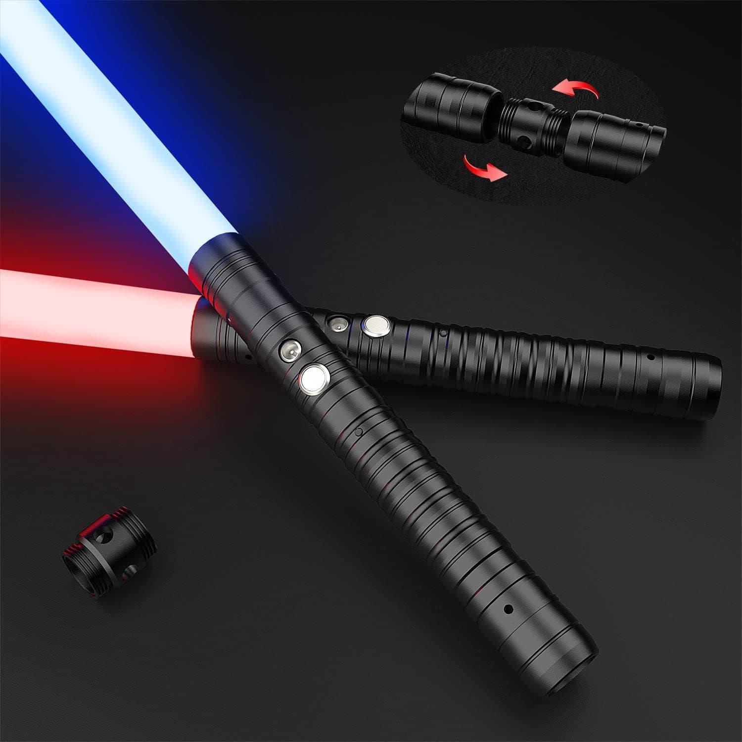 Oueyes Lightsabers 2 Pack Metal Hilt Light Sabers RGB 7 Colors Changeable with 3 Modes 2 in 1 Dueling Lightsabers Rechargeable Light Sabers for Adults Kids Halloween Cosplay (Black)