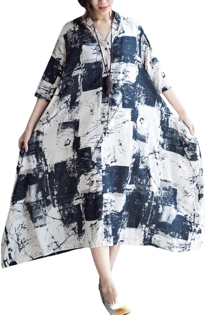 Minibee Women's Cotton Print Dress 3/4 Sleeve Summer Sundress Style 4 Gray