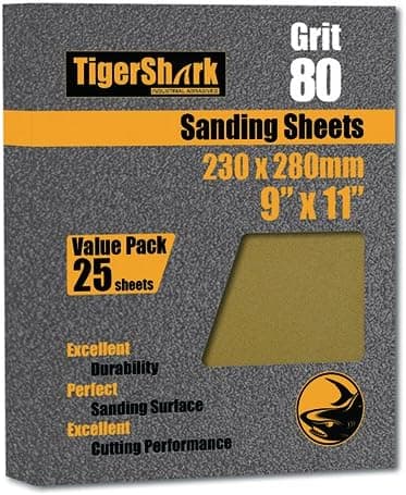 TigerShark 9 inch by 11 inch Sanding Sheets Grit 80 25pcs Pack Paper Gold Line Special Anti Clog Coating