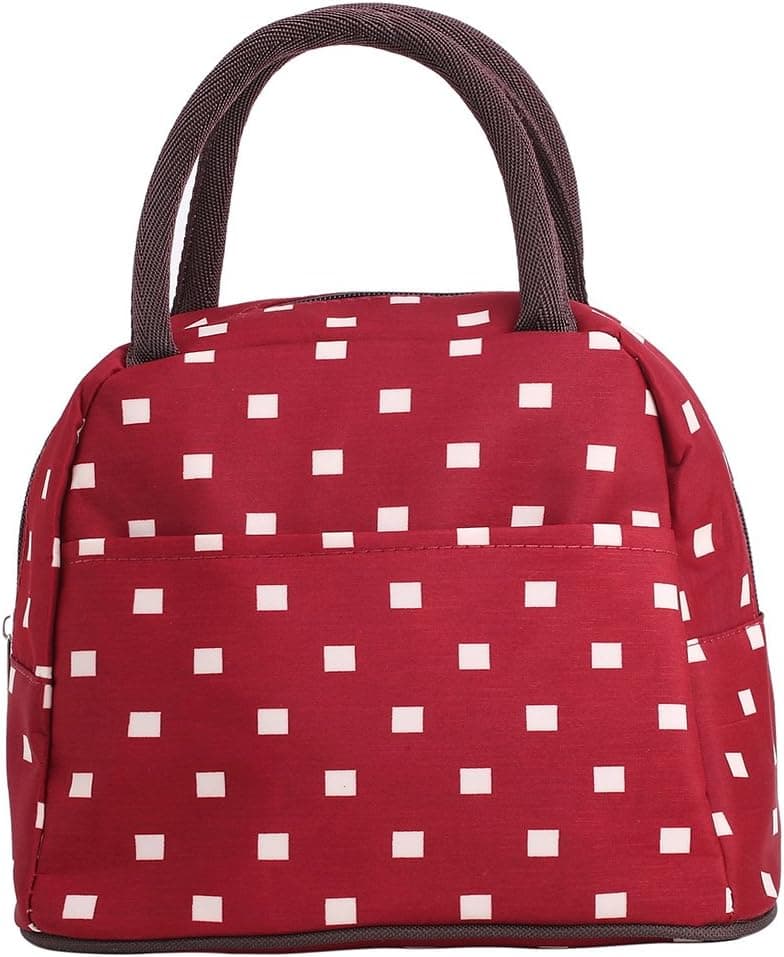 Zxke Grids Print Style Lunch Bag Tote (Maroon)