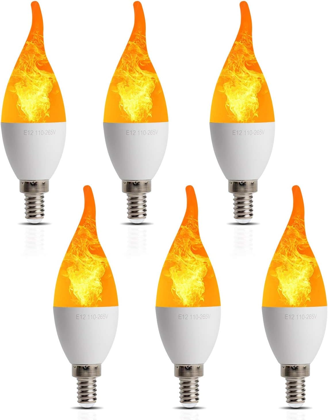 6 Pack LED Simulated Fire Flicker Flame Candelabra Bulbs,Flickering E12 Flame Effect Light,3 Lighting Modes Emulation, General, Breathing,for Indoor and Outdoor Decoration e.g. Home Hotel Bar Party