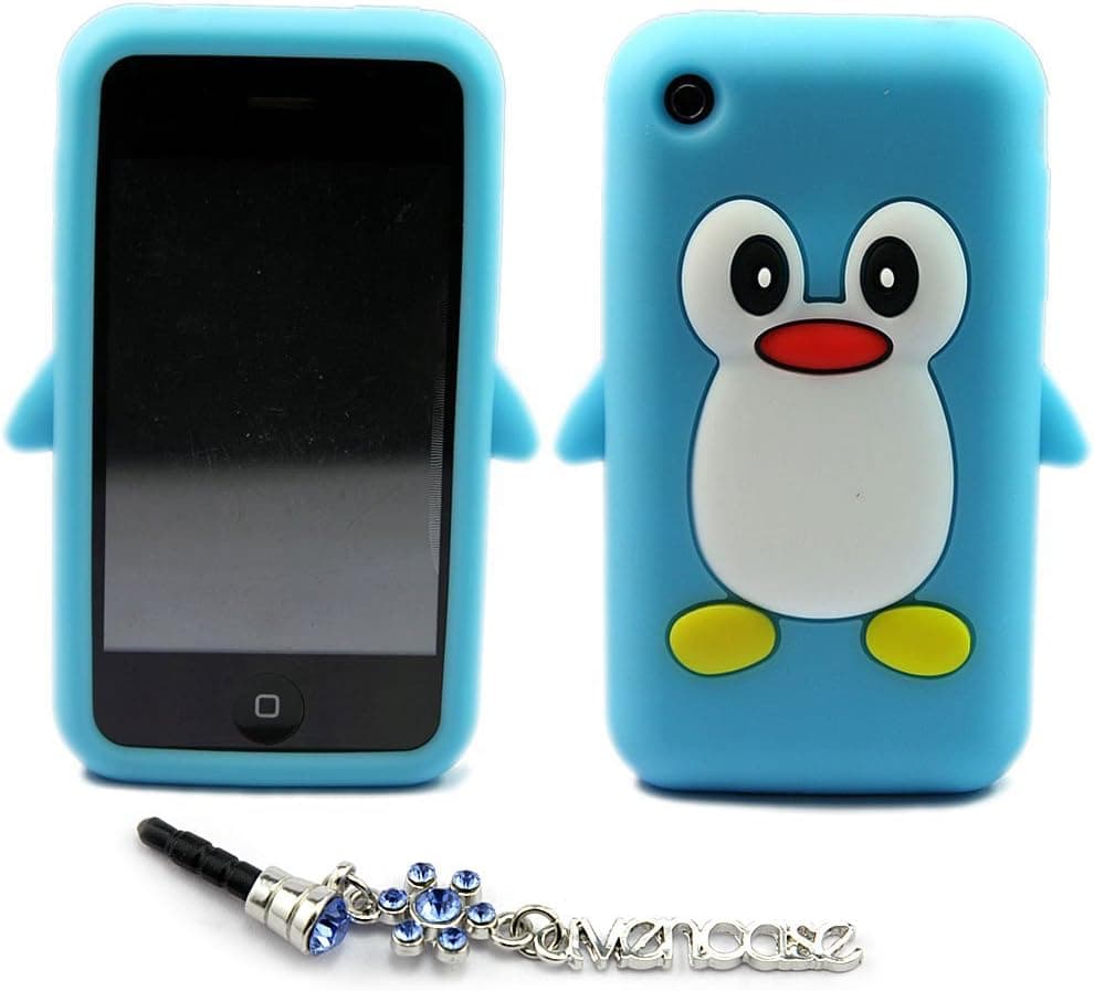 ivencase 3D Penguin Silicone Soft Skin Case Cover for Apple iPhone 3g 3gs SkyBlue + One Phone Sticker + One ivencase Anti-dust Plug Stopper