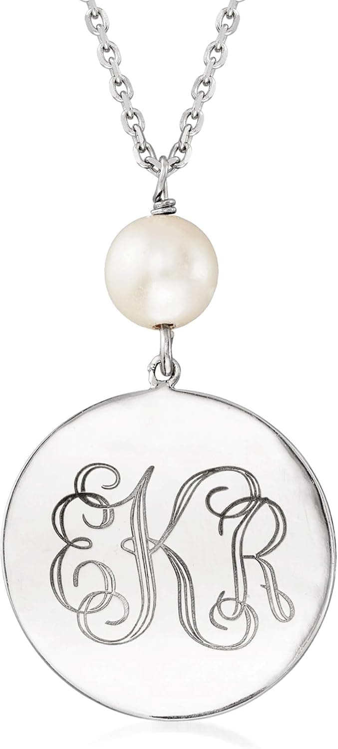 Ross-Simons Sterling Silver Personalized Disc Necklace With 8-9mm Cultured Pearl