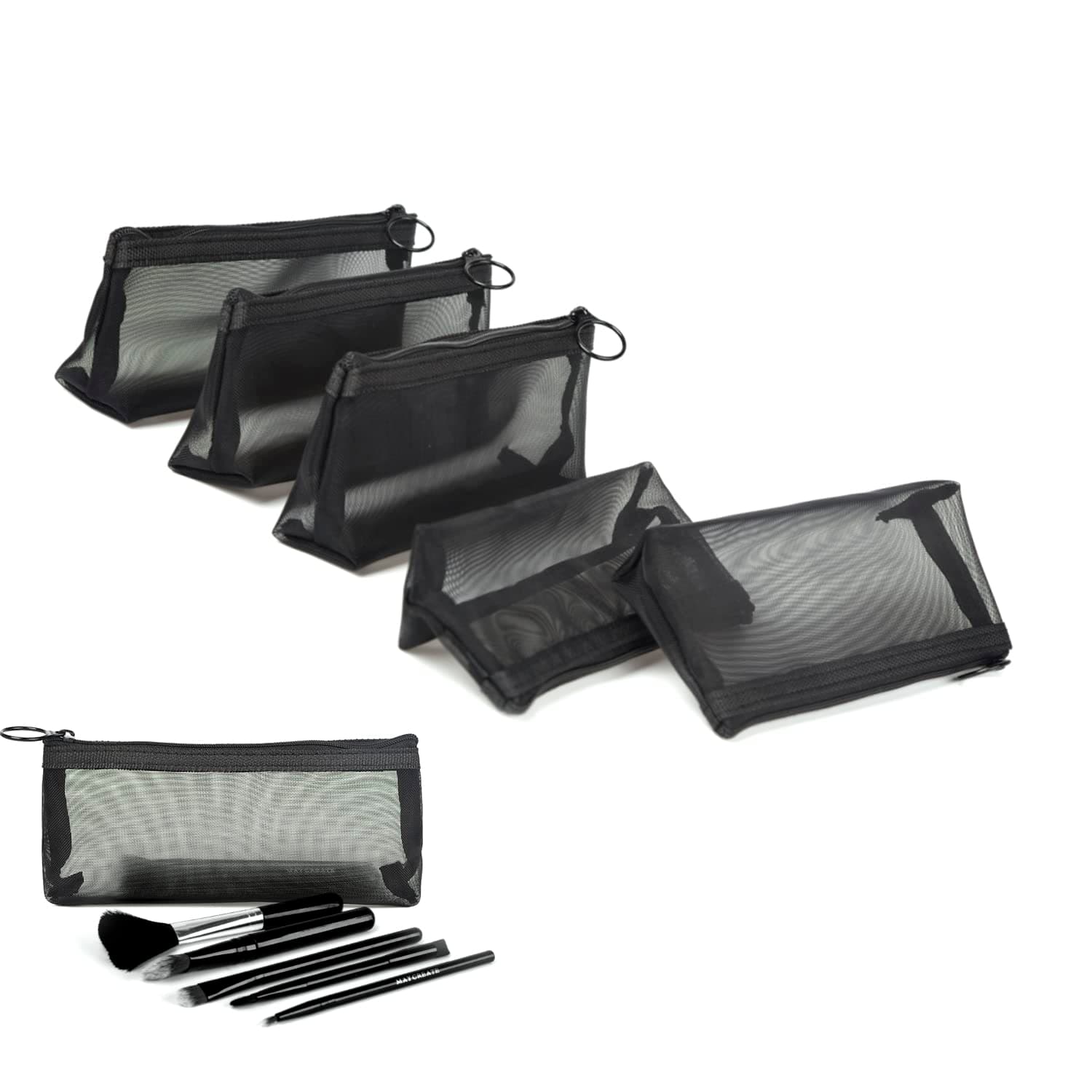 Patu Zipper Mesh Bags, Widened Pencil Case, 5 Pieces, Beauty Makeup Cosmetic Accessories Organizer, Travel Toiletry Kit Set Storage Pouch, Black