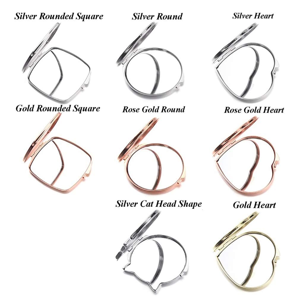 Portable Mini Makeup Mirrors, Vintage Plastic Compact Pocket Floral Mirror Two-side Folding Mirror(Rounded Square,Silver)