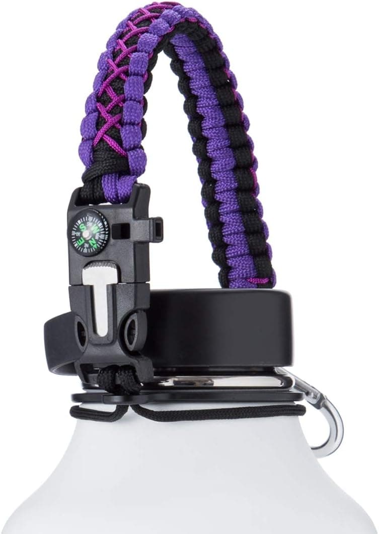 Paracord Holder Handle for Hydro Flask, Fit 12-64 oz Wide Mouth Bottles,Carrier Survival Strap Cord with Safety Ring and Carabiner(Purple-Black)