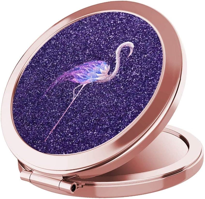 IMLONE Portable Travel Makeup Mirror- Round Rose Golden 2X Magnification Women Girl Gift Folding Compact Mirror Perfect for Purses/Travel -Purple Flamingo