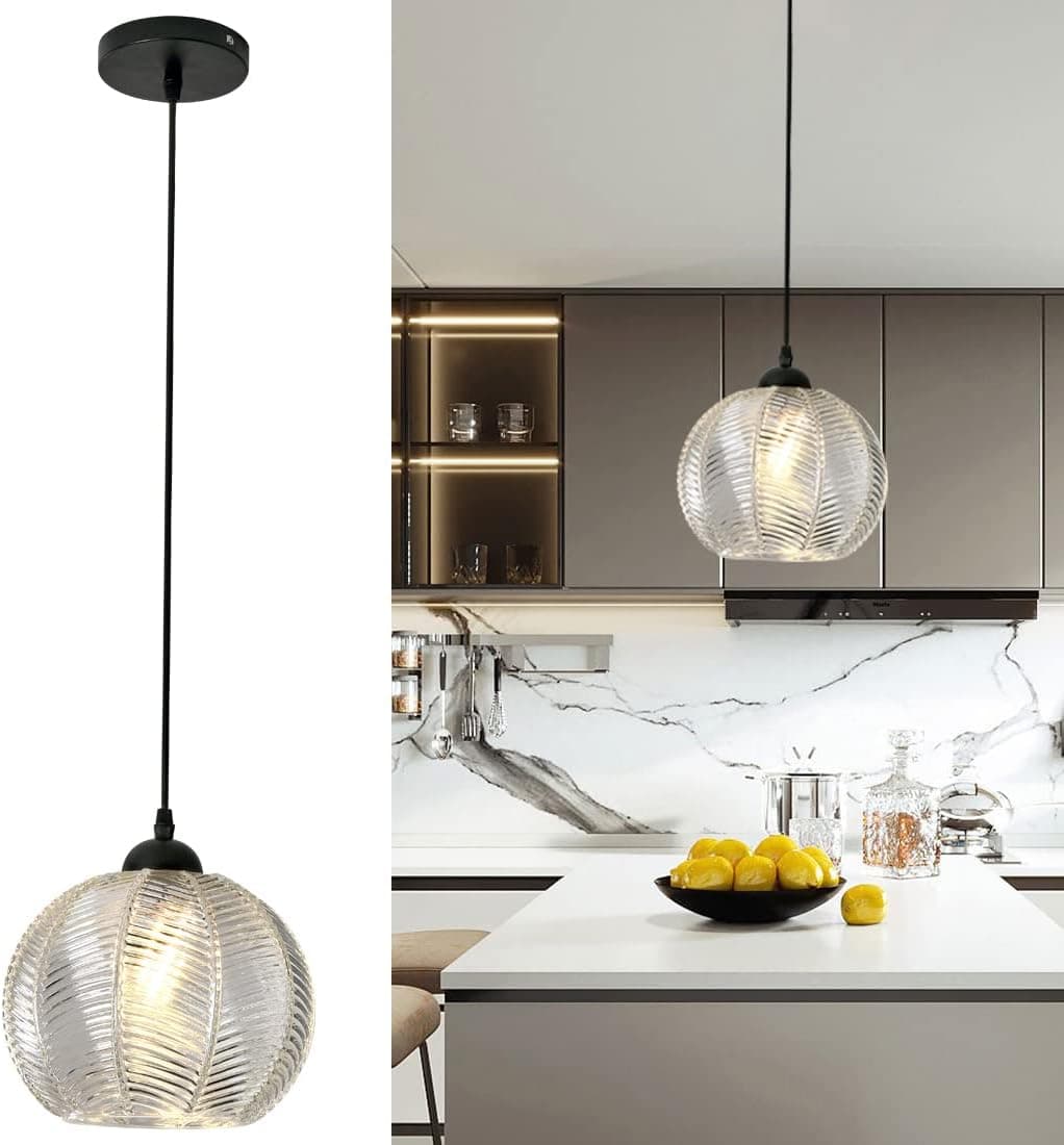 Qufute Glass Pendant Light fixtures Globe Pendant Light with Clear Ribbed Glass Shade 1-Light Modern Pendant Lighting for Kitchen Island, Adjustable Hanging Light Fixtures (1-Light)