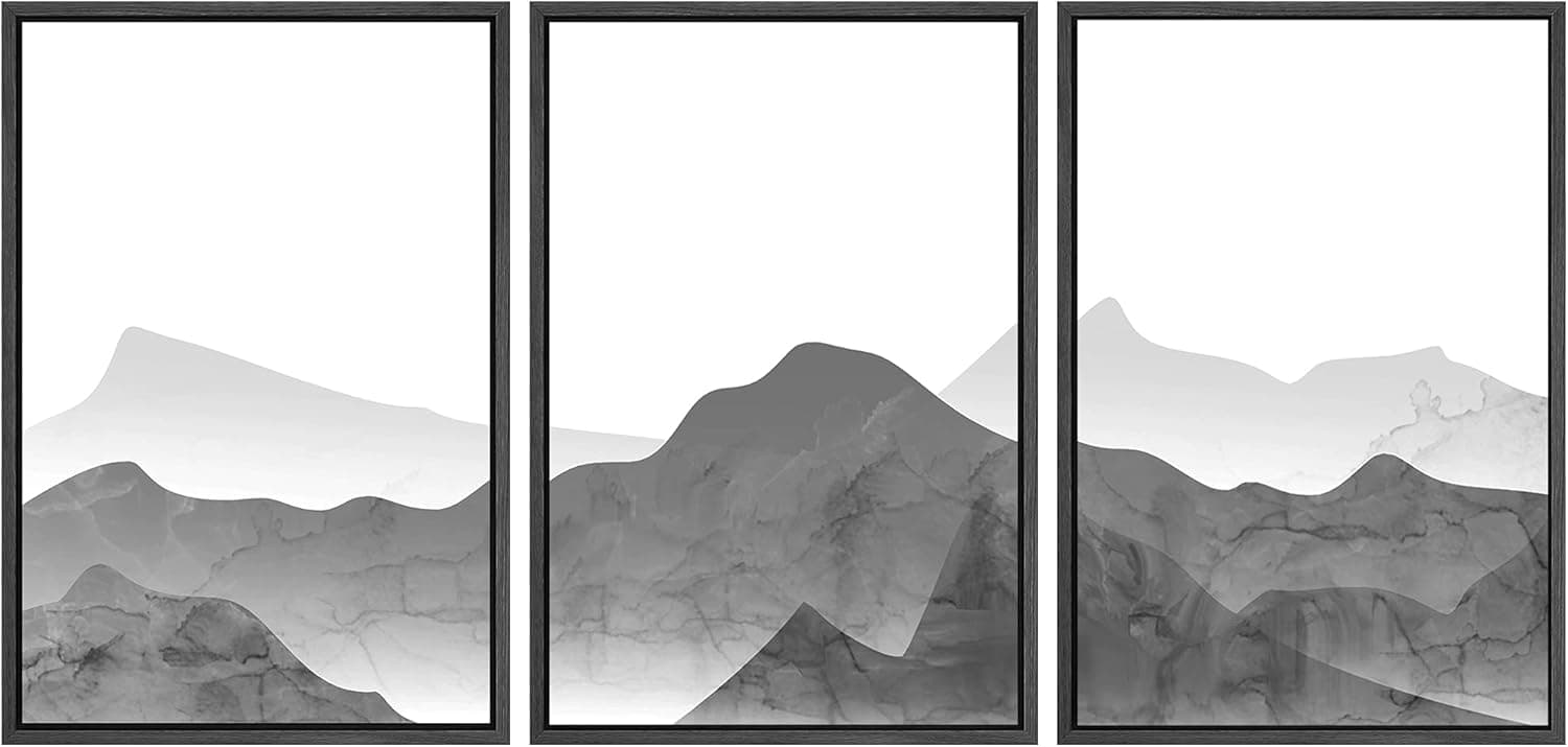 SIGNWIN Framed Canvas Print Wall Art Gray Transparent Mountain Range Nature Wilderness Illustrations Modern Art Rustic Scenic Relax/Calm Cool for Living Room, Bedroom, Office - 24"x36"x3 Black