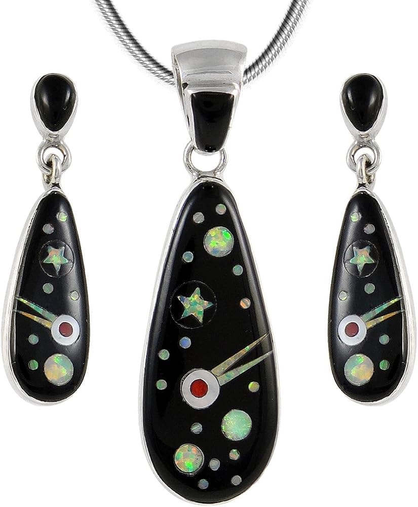 Matching Turquoise & Gemstones Set 925 Sterling Silver (Pendant, Earrings, Necklace 20")