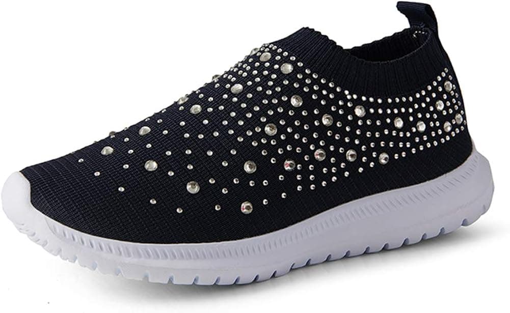 GOSPT Women's Mesh Walking Shoes Rhinestone Glitter Slip On Ballroom Jazz Latin Dance Sock Sneakers