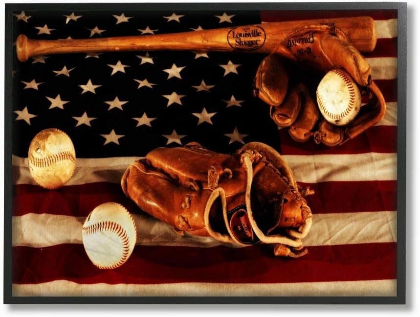Stupell Industries Vintage American Flag Baseball Sports Rustic Photo