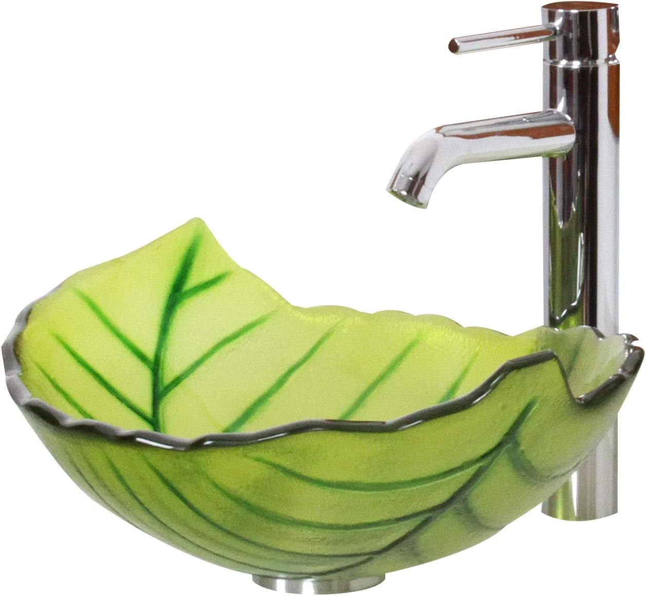 ELITE Spring Leaves Design Tempered Bathroom Glass Vessel Sink & Chrome Single Lever Faucet Combo
