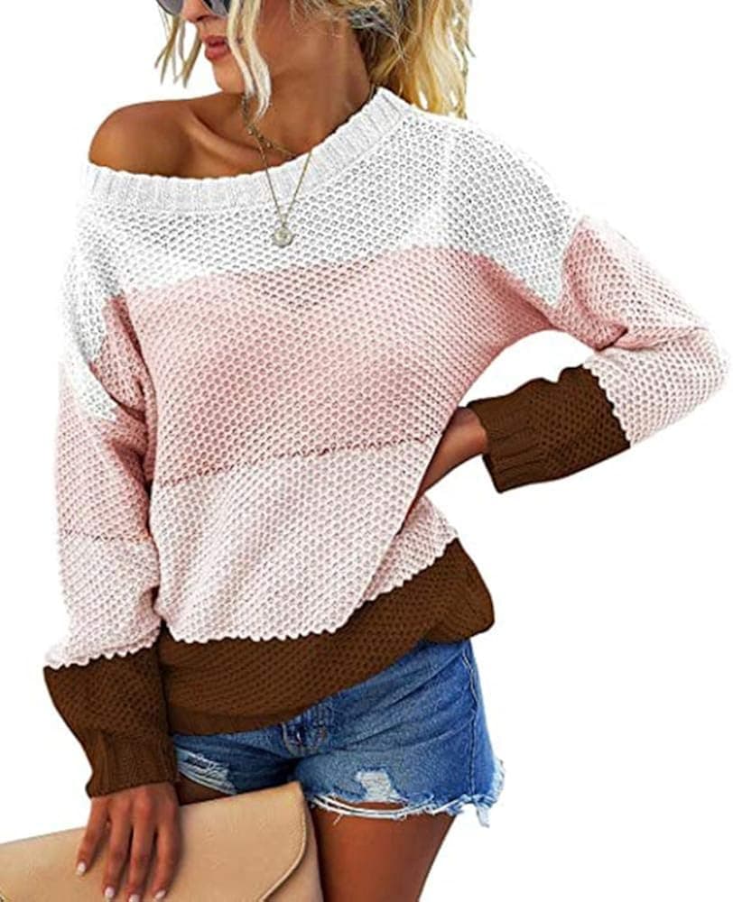 Women's Stripe Color Block Pullover Top Crew Neck Long Sleeve Loose Tunic Knit Sweater