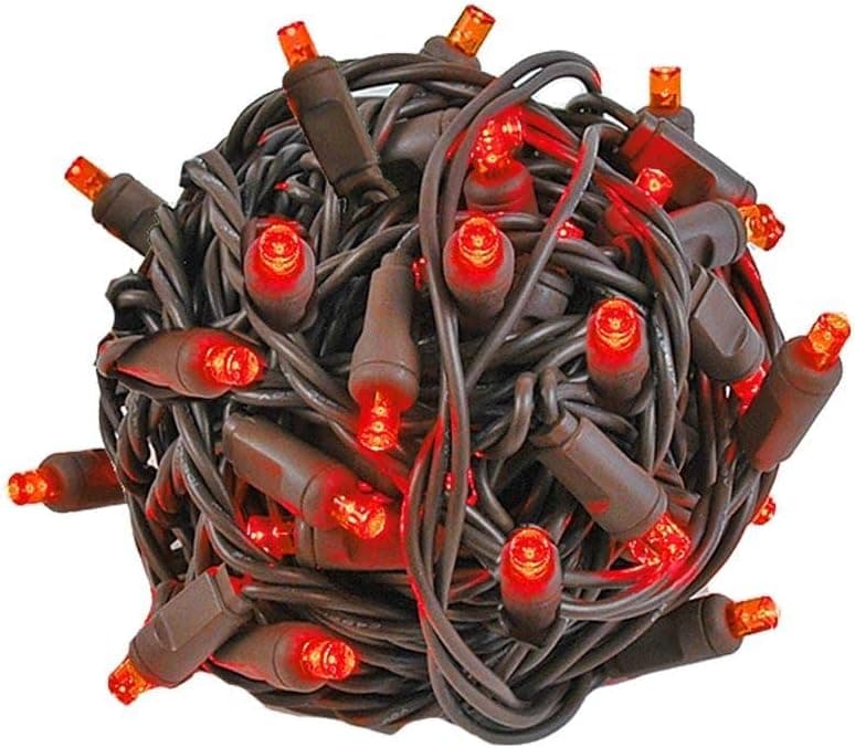 Novelty Lights 100 Commercial LED Christmas Lights (Red), 50 Feet w/ 6" Bulb Spacing, 5mm Bulbs, UL Listed, Brown Wire String Lights