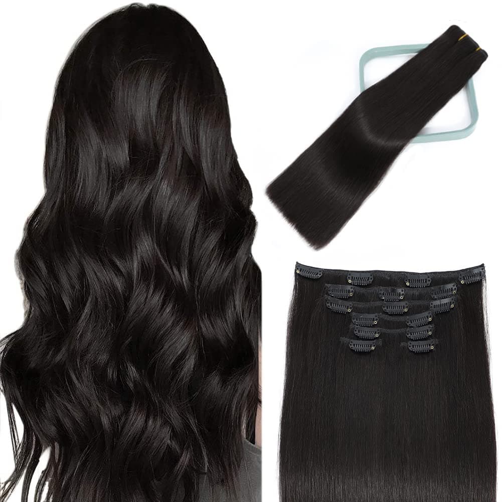 MIBOLT Clip in Hair Extensions Real Human Hair Straight Clip in Hair Extensions Brazilian Remy Human Hair Clip in Extensions For Women #1B Naturl Black 7pcs 120g 22 Inch