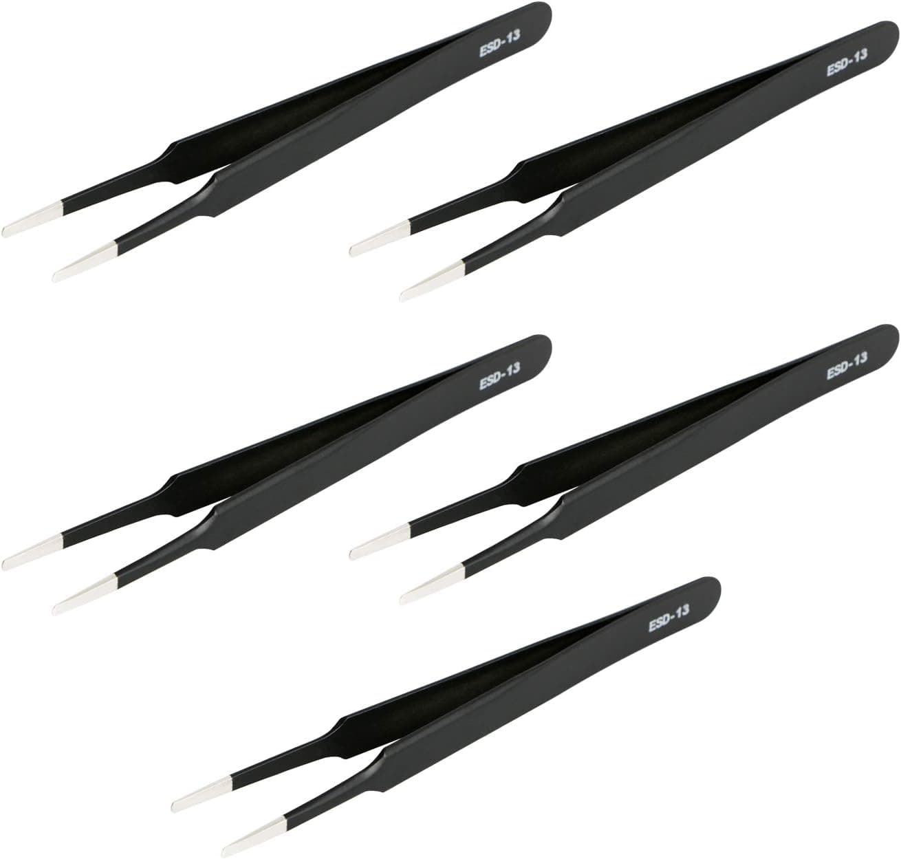 Aoje-Link ESD-13 Professional Anti-Static Precision Technology Tweezers, Non-magnetic Flat and Round, Stainless Steel Plastic Coated, Full Length 120mm, Black, 5pcs