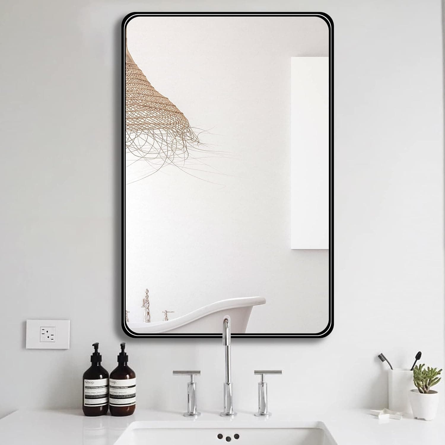 Clavie Bathroom Mirror, 24x36 Inch Black Metal Mirror with Rounded Corner Rectangle, Vertical or Horizontal Hanging Modern Bathroom Mirror, Decorative Wall Mirrors for Living Room, Bedroom