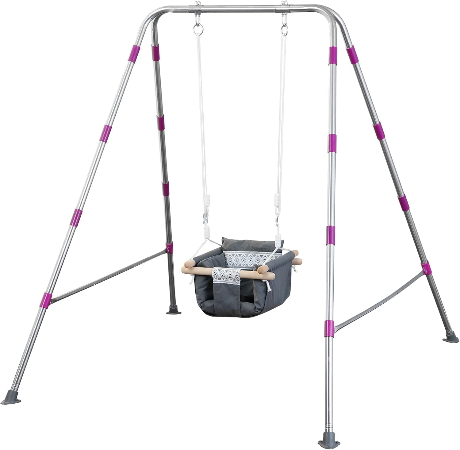 Baby Swing Outdoor with Stand, Heavy Duty Indoor Outdoor Baby Swing Set, Toddler Swing Stand with Canvas Cushion Seat for Backyard (Grey Seat)