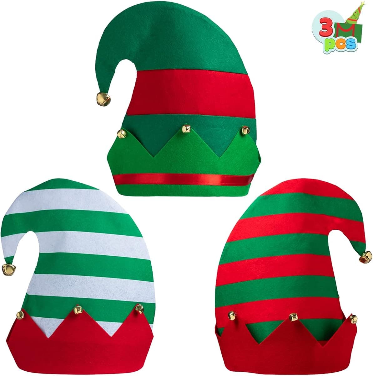 JOYIN 3 Packs Unisex Classic Elf Hats for Christmas Hats for Jingle Bells Kids, Hats for Christmas Holiday Party