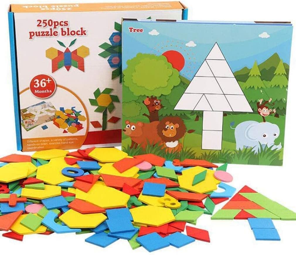 MorTime 250 Pcs Wooden Pattern Blocks and Boards Set, Sturdy Play Board with 10 Double-Sided Jigsaw Cards