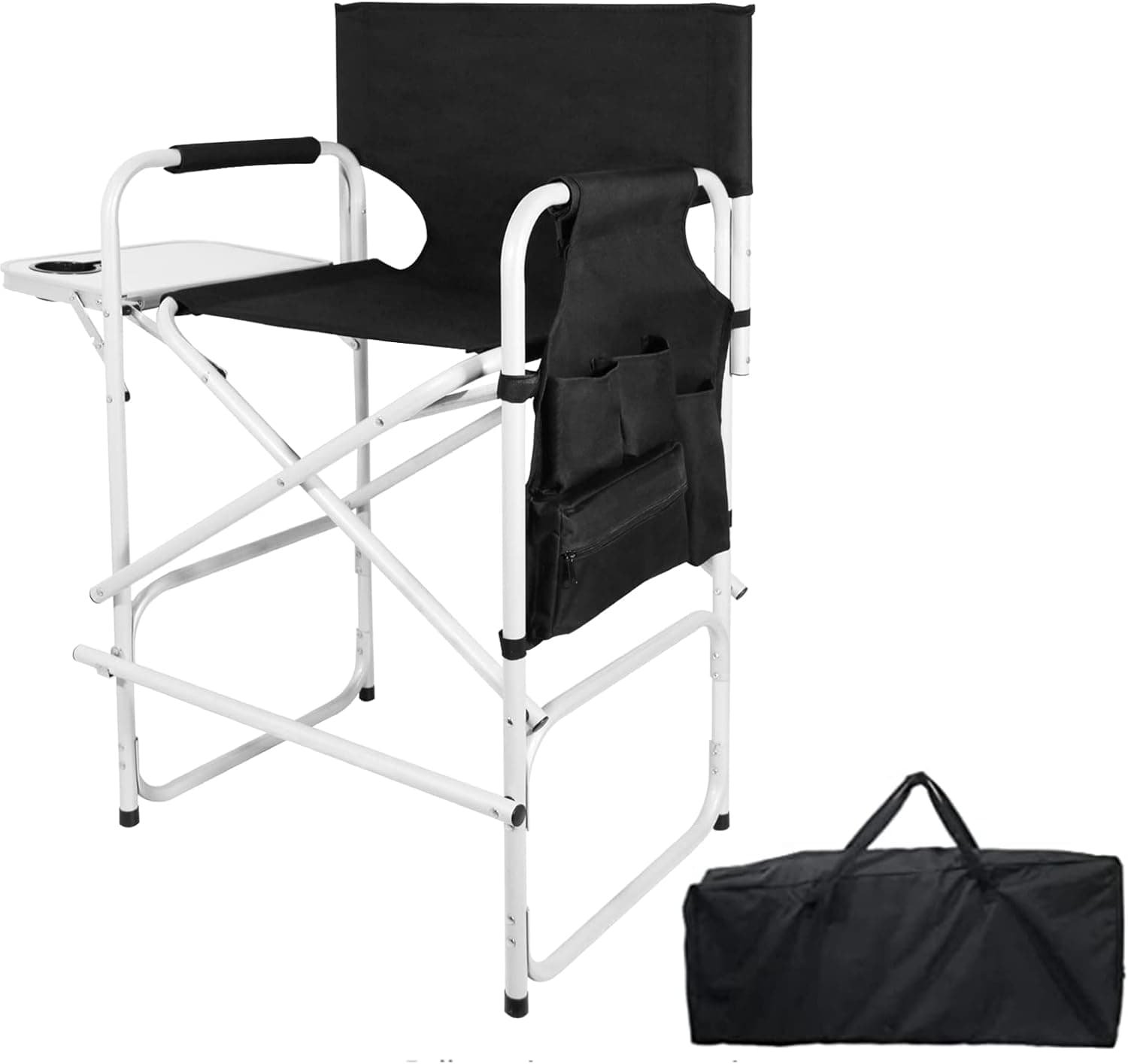 ABACAD Tall Director Chair Foldable, Portable Makeup Artist Chair Bar Height, Outdoors Folding Chair with Side Table Storage Bag Foot Rest, Black