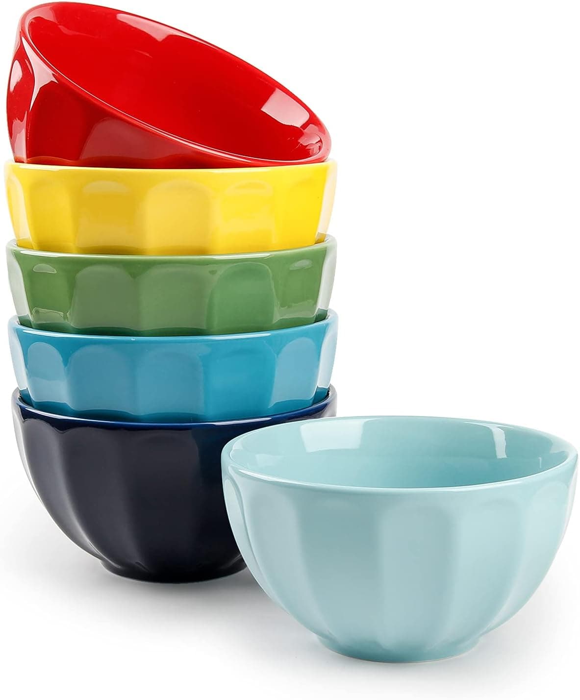 KitchenTour Porcelain Fluted Colorful Bowls Set - 28 Ounces Dishwasher Microwave Safe Bowls for Cereal, Soup, Salad, Pasta, Dessert - Set of 6