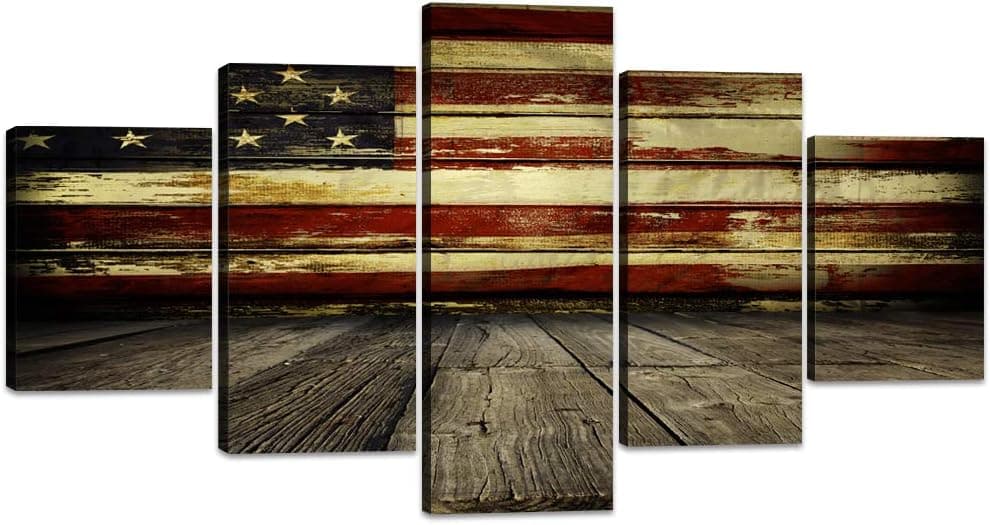 Yatsen Bridge 5 Panels Retro American Flag Decor Framed Ready to Hang Modern Wooden USA Flag National Day Canvas Wall Art Patriotic Artwork Easy to Hang for Home and Office Decor - 60''W x 32''H