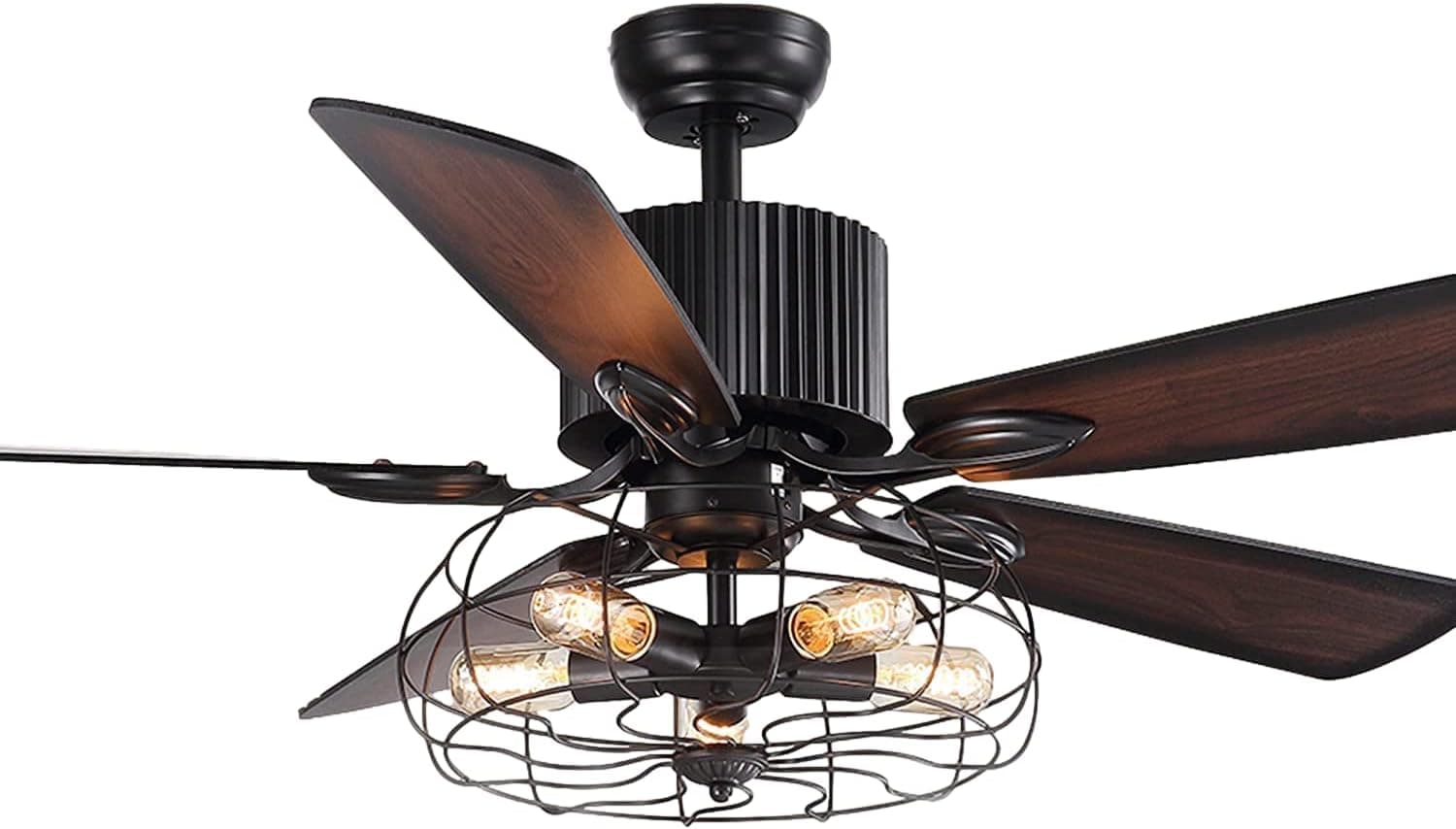 ONELLH Retro Industrial Ceiling Fan with 5 Light Base and 5 Wooden Blade, 52" Reversible Chandelier Ceiling Fans for Farmhouse Living Room Bedroom Restaurant Rustic Style