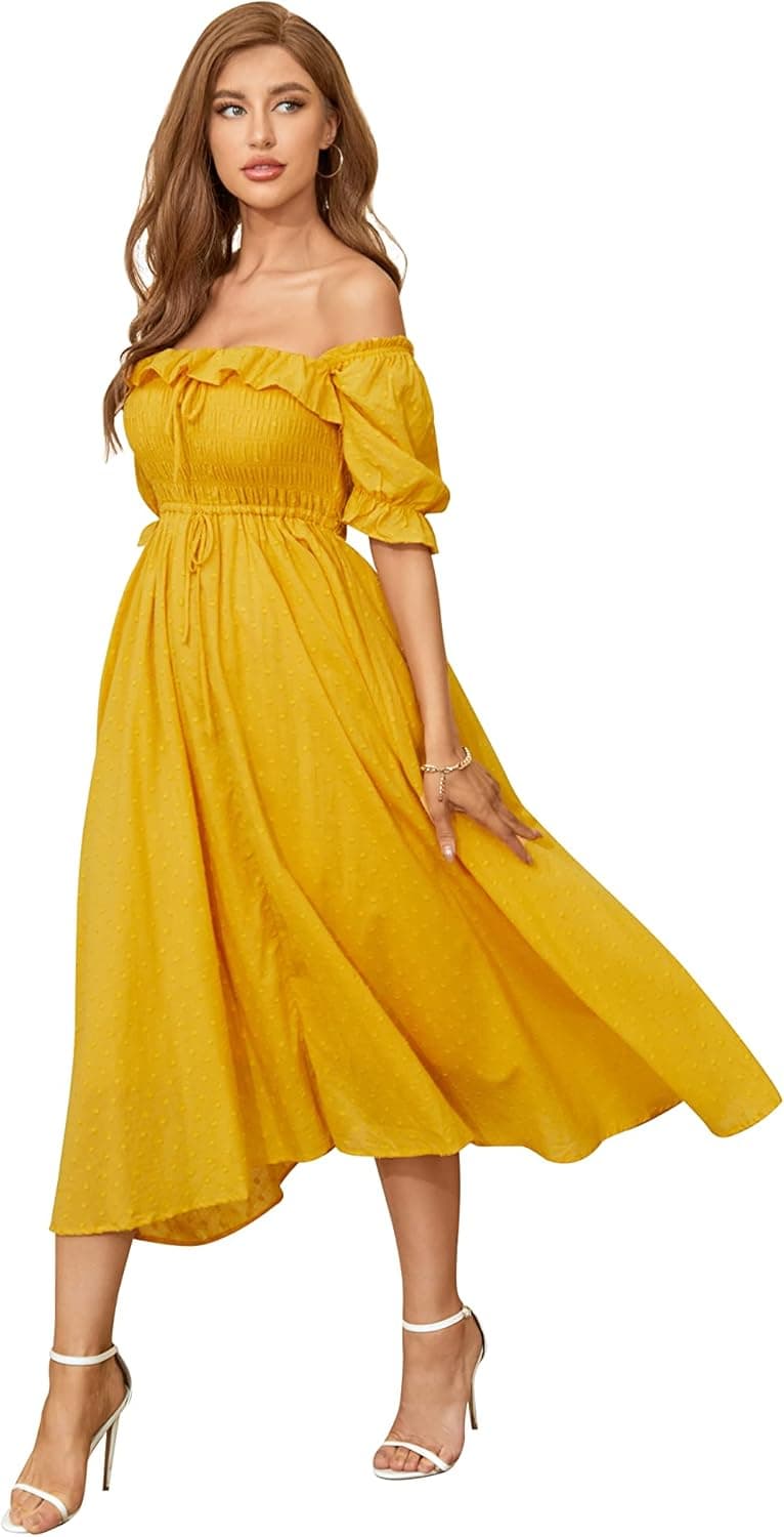 R.YIposha Women Vintage Elastic Square Neck Ruffled Half Sleeve Summer Backless Beach Flowy Maxi Dresses