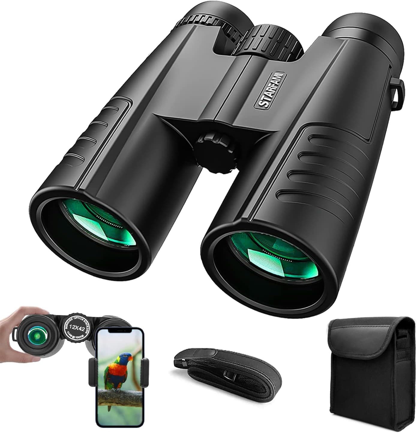STARFAMI 12x42 Compact Binoculars for Adults, BAK4 Prism FMC Lens HD Binoculars with Phone Adapter and Carrying Bag, Perfect for Bird Watching/Opera/Hunting/Outdoor Sport