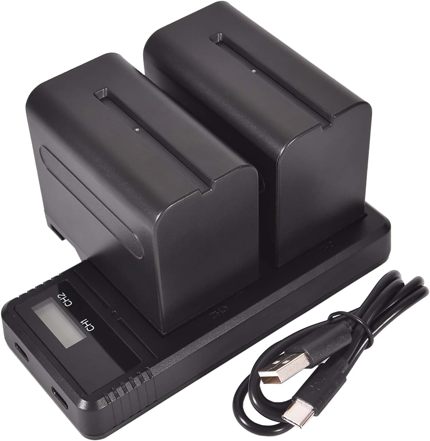 DSTE Replacement for 2X NP-F970 + Rapid Dual LCD Battery Charger Compatible Sony DCM-M1 MVC-CD1000 HDR-FX1 DSR-PD190P NEX-FS700RH HXR-NX3 as NP-F930 NP-F950 NP-F960 with Type-C and Micro-USB Port