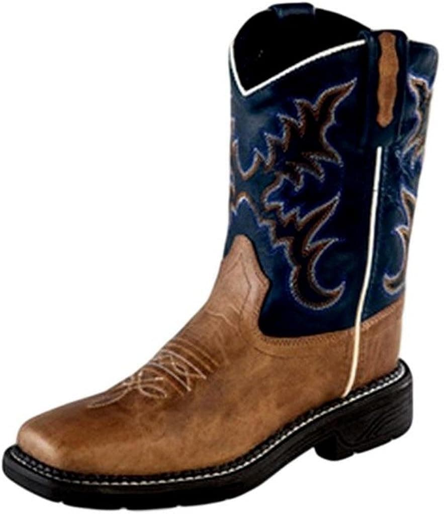 Old West Boys' Leather Work Rubber Western Boot Square Toe Tan 2.5 D(M) US