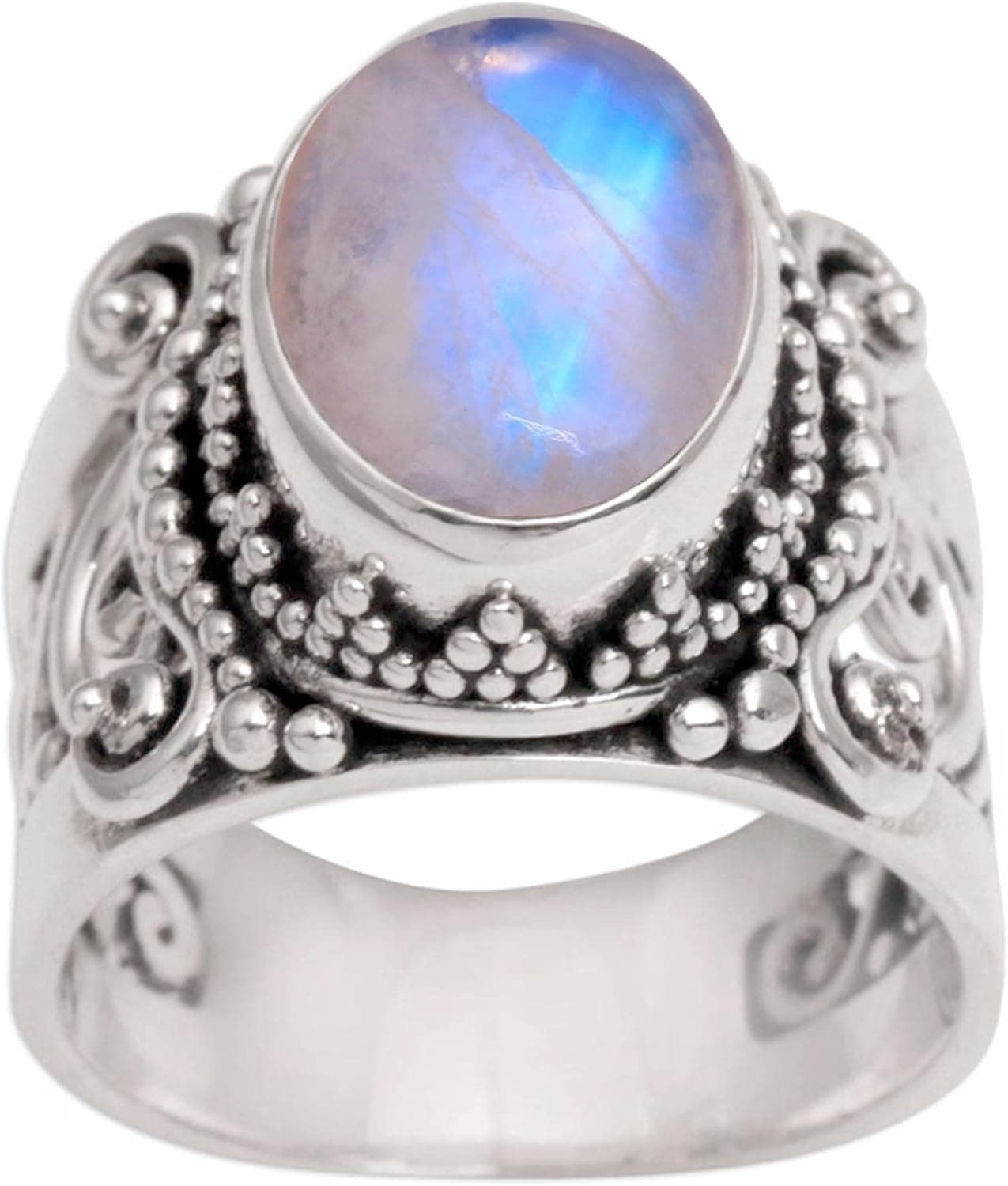 NOVICA Handmade Rainbow Moonstone Sterling Silver Ring - Elegant Single Stone Cocktail Ring for Women's Jewelry Collection, Glorious Vines'