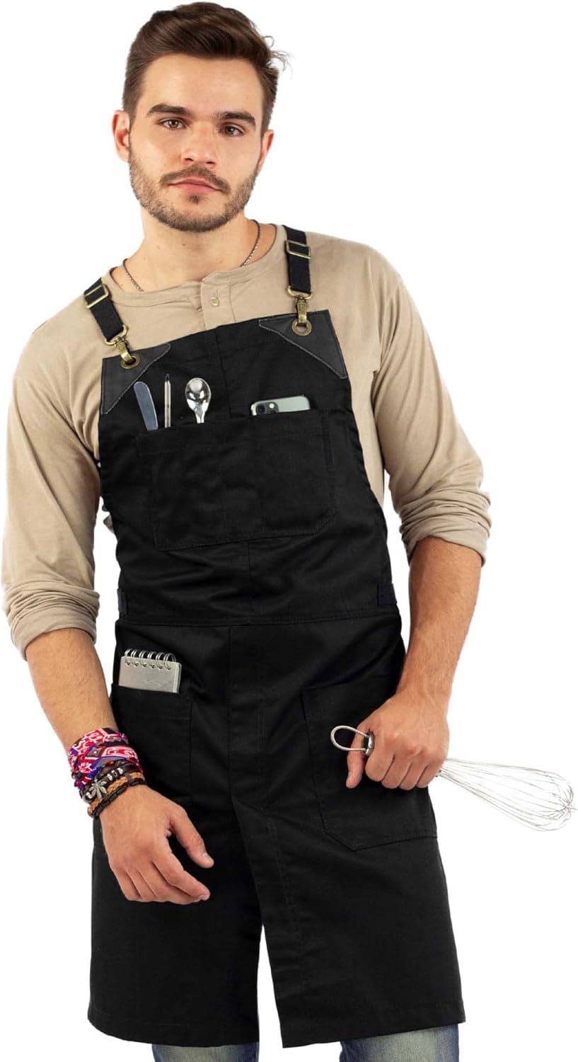 Under NY Sky Cross-Back Deep Black Apron - Durable Twill with Leather Reinforcement and Split-Leg - Adjustable for Men and Women - Pro Chef, Tattoo, Baker, Barista, Bartender, Stylist, Server Aprons