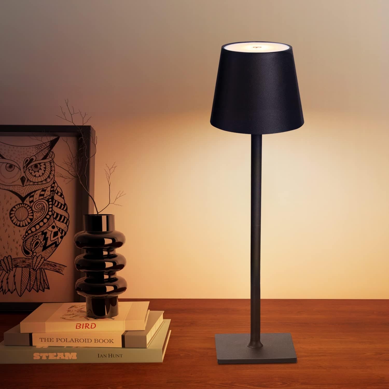 CHLORANTHUS Cordless Table Lamps, 3 Colors Stepless Dimming, 4000mAh Rechargeable Battery LED Desk Lamp for Bedroom/Couple Dinner/Desk/Cafe/Dining Room/Terrace (Black)