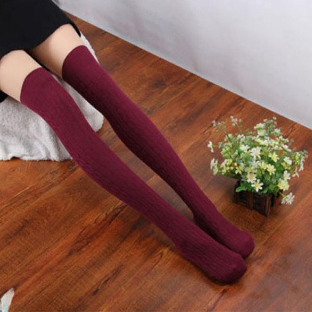 Coromose Women Knit Over Knee Thigh Stockings Spiral Pattern High Socks (Black)