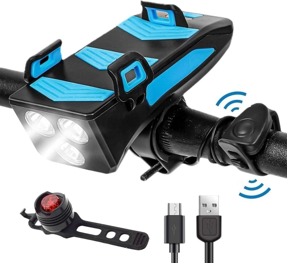 2000 Lumen Bike Light Set USB Rechargeable, Water Resistance Bicycle Front Headlight and Rear Light, 4 in 1 Multifunctional Bicycles Light with Phone Holder & Horn for Road Mountain Cycling