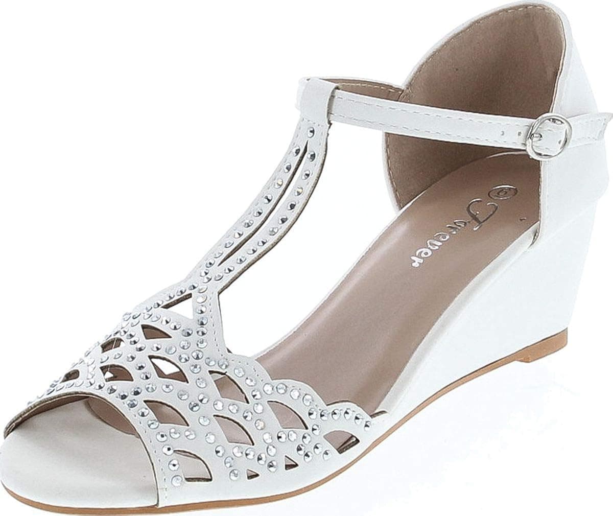 J.J.F Shoes Blaze04 Rhinestone Peep Toe Cut Out Ankle Strap Low Wedge Dress Sandal